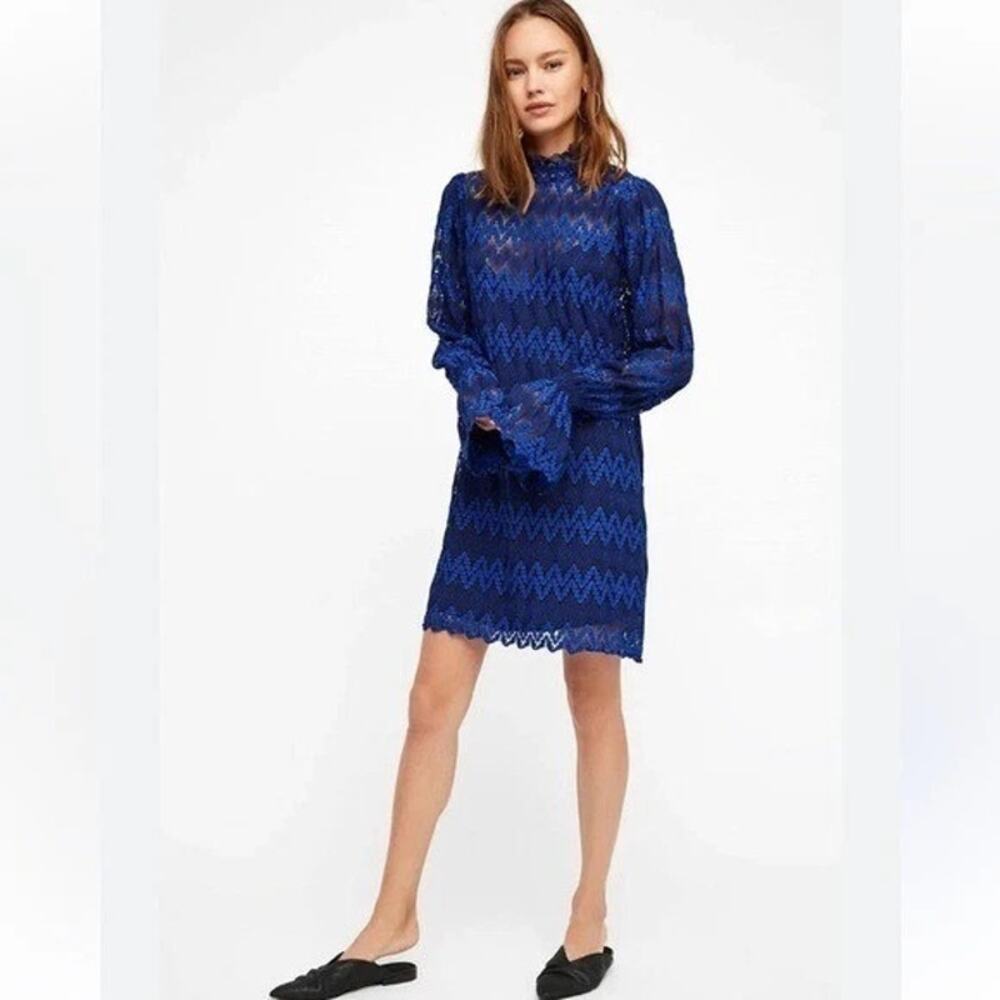 Free People NEW Simone Blue Black Lace Long Flounce Sleeve Mini Whimsygoth Dress